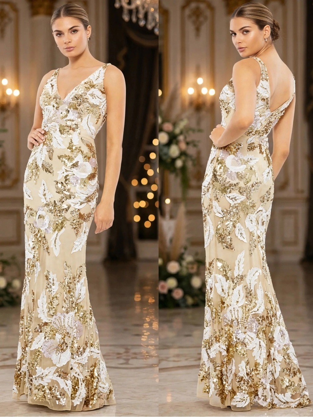 NWT $598 Mac Duggal size 12 v-Neck Sleeveless Floral Embellished  Sequin Gown